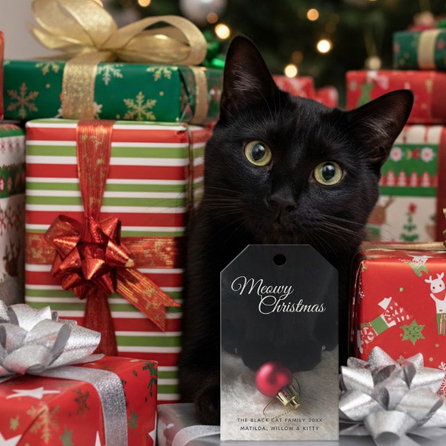Black Cat Meowy jul Helgdag Pet Gift Märkre Presentetikett (Meowy Christmas Gift Tags from my black cat to yours)