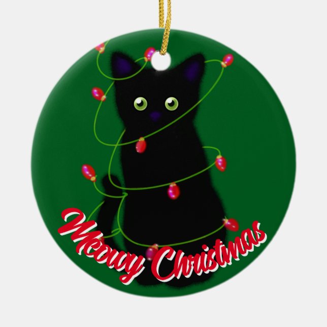 Black cat Meowy jul Red twinkle ljus Julgransprydnad Keramik (Framsidan)