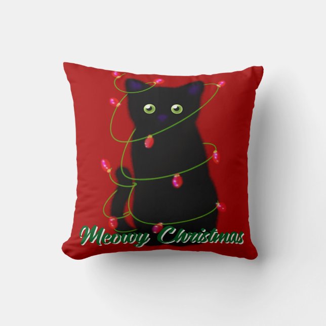 Black cat Meowy jul Red twinkle ljus Kudde (Framsida)