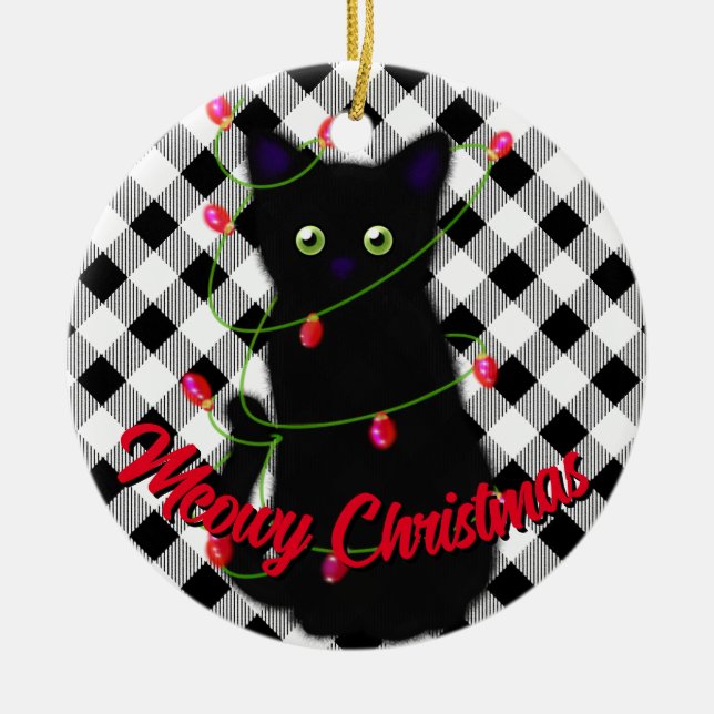 Black cat Meowy jul twinkle ljus gingham Julgransprydnad Keramik (Framsidan)