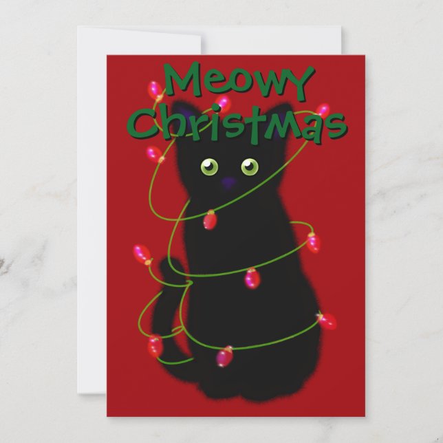 Black cat Meowy jul twinkle ljus gingham Julkort (Framsida)