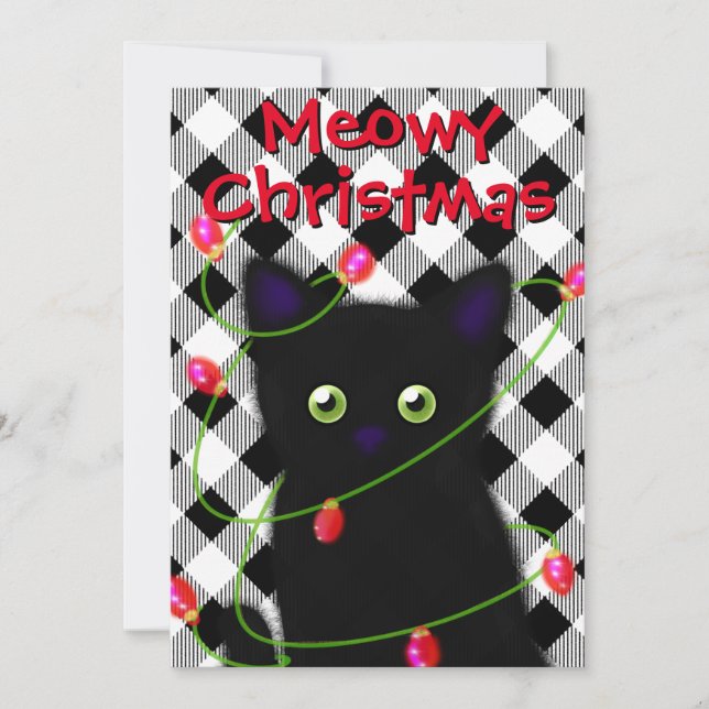 Black cat Meowy jul twinkle ljus gingham Julkort (Framsida)