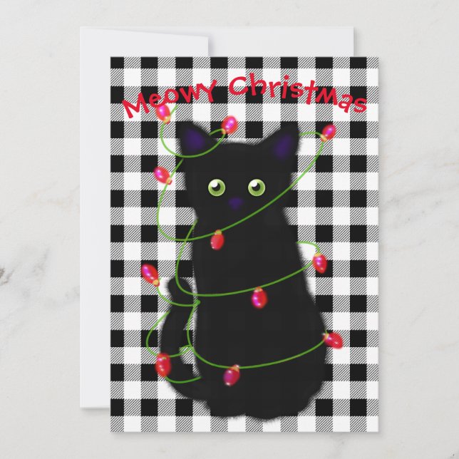 Black cat Meowy jul twinkle ljus gingham Julkort (Framsida)