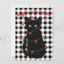 Black cat Meowy jul twinkle ljus gingham Julkort