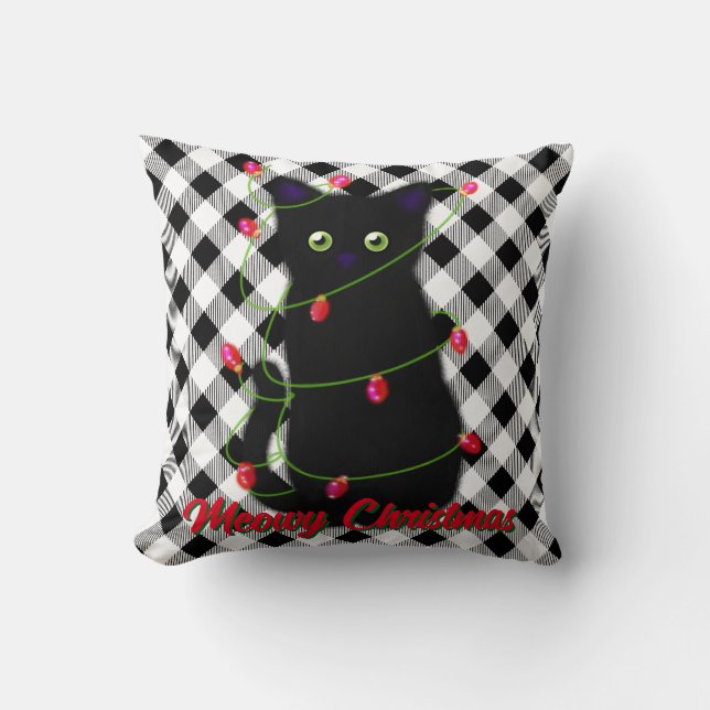 Black cat Meowy jul twinkle ljus gingham Kudde (Framsida)