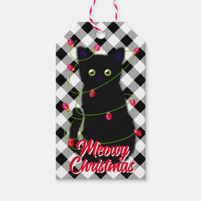 Black cat Meowy jul twinkle ljus gingham Presentetikett (Framsidan)