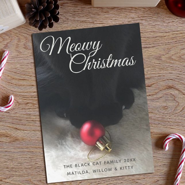 Black Cat Meowy-julkort, Helgdag Card (Purrfect holiday card to send from your black cat (and the rest of their family) Just add your name)