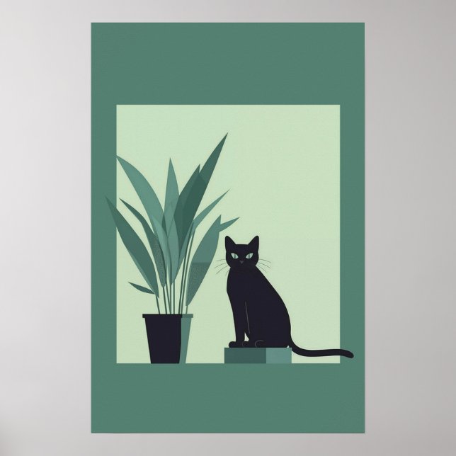 Black Cat Minimalist Wall Art Modern Green Botanic Poster (Framsidan)