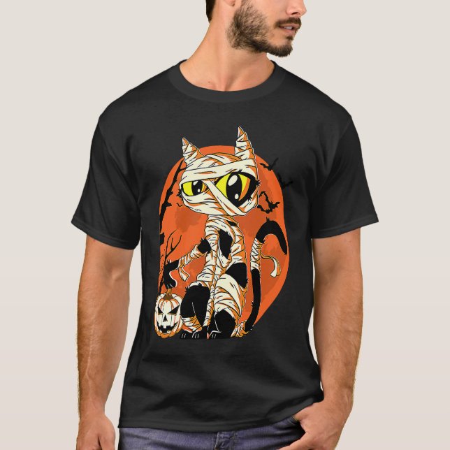 Black Cat Mummy Halloween Costume Scary Night Boys T Shirt (Framsida)