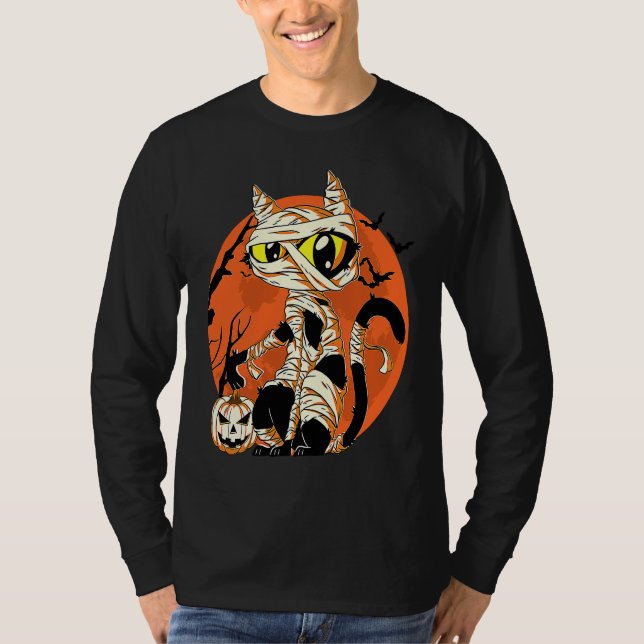 Black Cat Mummy Halloween Costume Scary Night Boys T Shirt (Framsida)