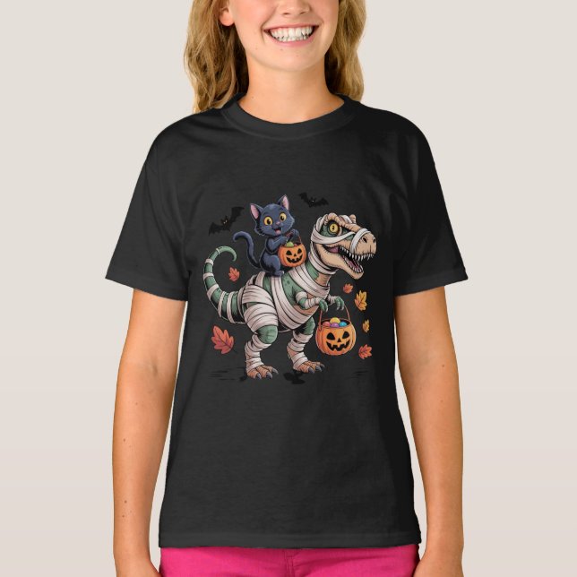 Black Cat & Mummy T-Rex Halloween Ride T Shirt (Framsida)