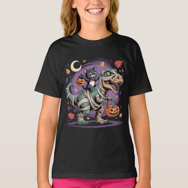 Black Cat & Mummy T-Rex Halloween Ride T Shirt (Framsida)