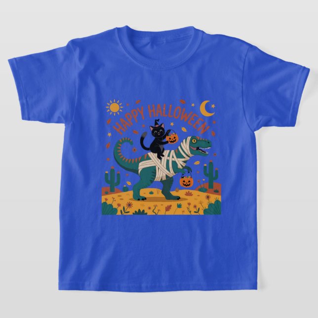 Black Cat & Mummy T-Rex Halloween Ride T Shirt (Laydown)