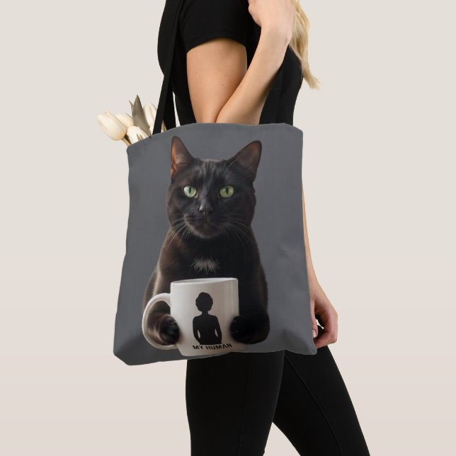 Black Cat "MY HUMAN" Tote Bag - Funny Canvas Tote Tygkasse (Närbild)