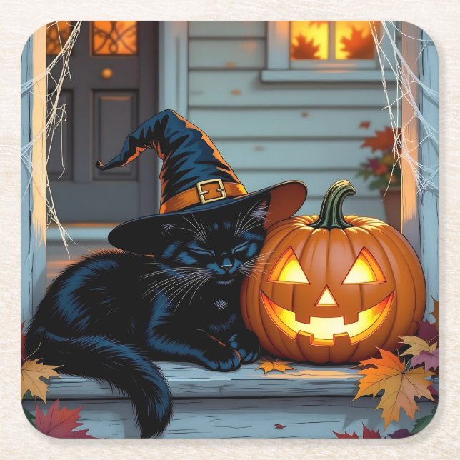 Black Cat Napping on Pumpkin Halloween  Underlägg Papper Kvadrat (Framsidan)