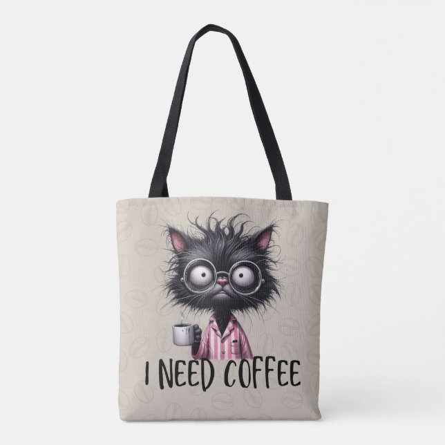 Black Cat Need Coffee Tote Tygkasse (Baksida)