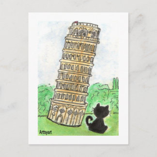 Black cat Noir Chatta Leaning Torn of Pisa Art Vykort