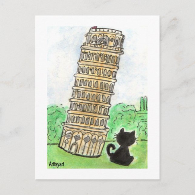 Black cat Noir Chatta Leaning Torn of Pisa Art Vykort (Framsida)
