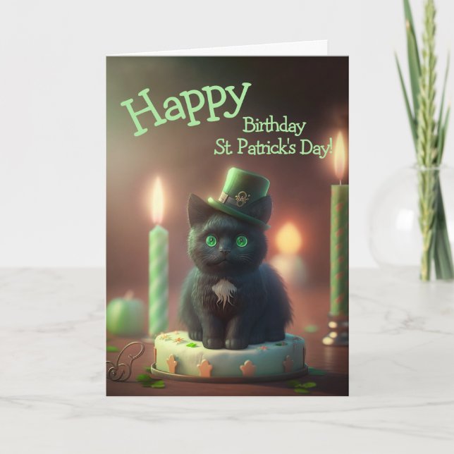 Black Cat och Cake Birthday St. Patrick's Day Helgkort (Framsida)