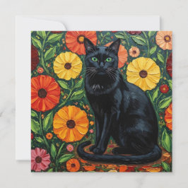 Black Cat och Colorful Folk Art Flowers Kort