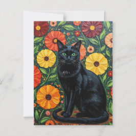 Black Cat och Colorful Folk Art Flowers Vykort