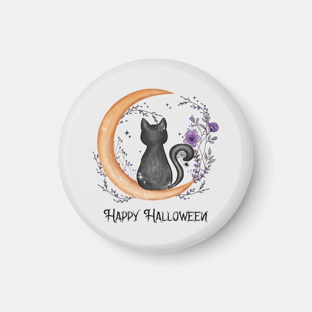 Black Cat och Crescent Måne för Happy halloween Magnet (Framsidan)