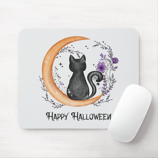 Black Cat och Crescent Måne för Happy halloween Musmatta (Med mus)