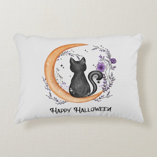 Black Cat och Crescent Måne för Happy halloween Prydnadskudde (Framsidan)