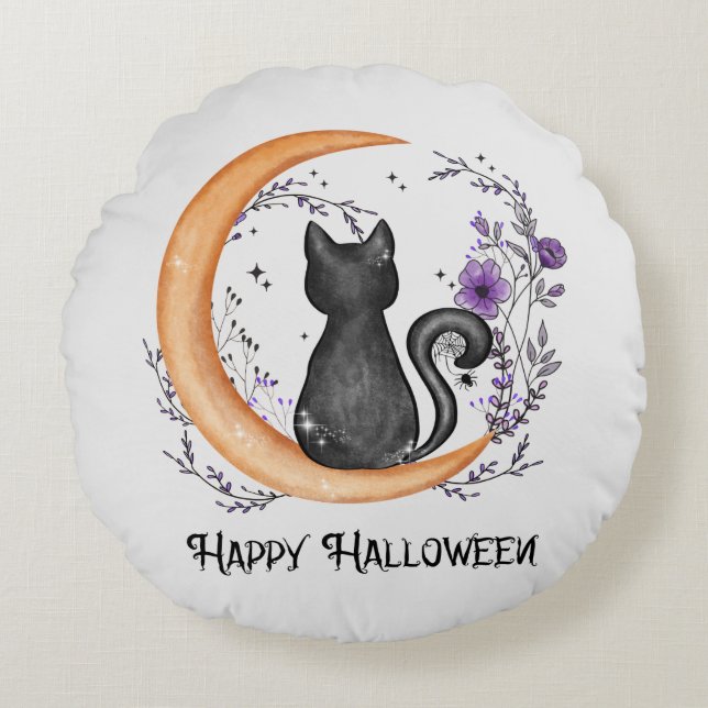 Black Cat och Crescent Måne för Happy halloween Rund Kudde (Framsidan)