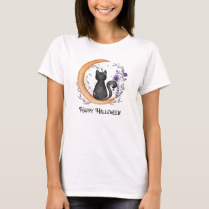 Black Cat och Crescent Måne för Happy halloween T Shirt