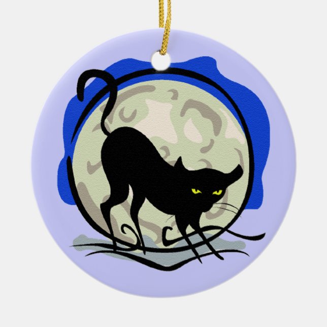 Black Cat och Full Moon Blue Background, ZSSG Julgransprydnad Keramik (Framsidan)