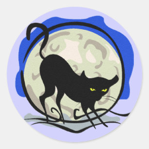 Black Cat och Full Moon Blue Background, ZSSG Runt Klistermärke