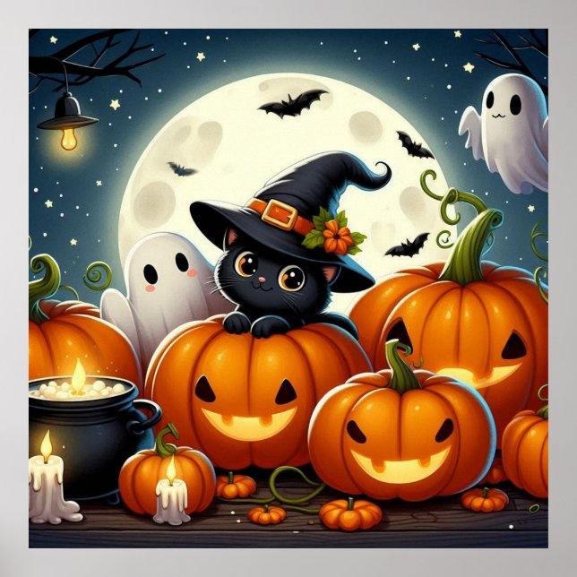 Black Cat och Ghost i en Pumpkin Patch Poster (Framsidan)