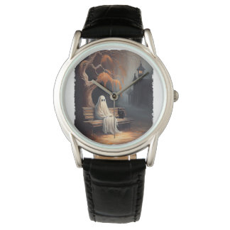 Black Cat och Ghost Sitta på Bench Halloween Dar Armbandsur
