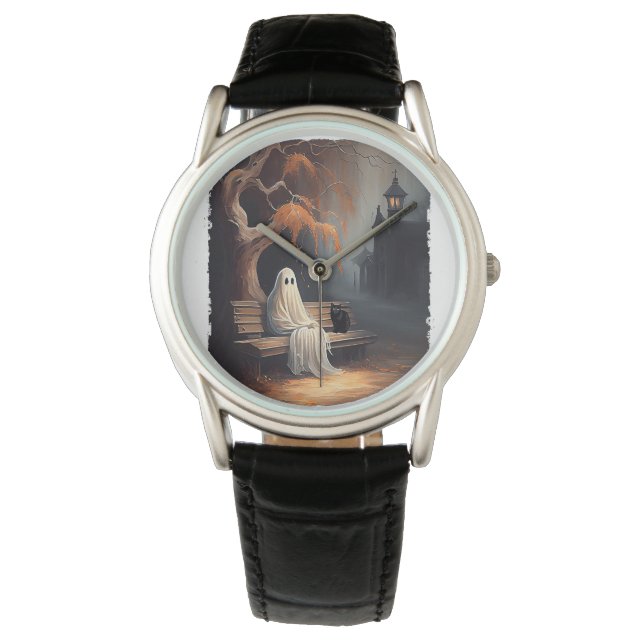 Black Cat och Ghost Sitta på Bench Halloween Dar Armbandsur (Framsida)