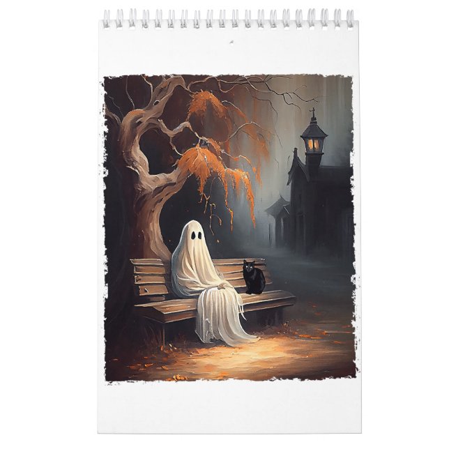 Black Cat och Ghost Sitta på Bench Halloween Dar Kalender (Omslag)