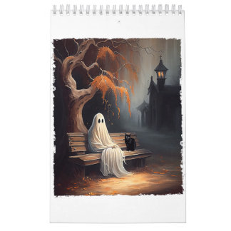Black Cat och Ghost Sitta på Bench Halloween Dar Kalender