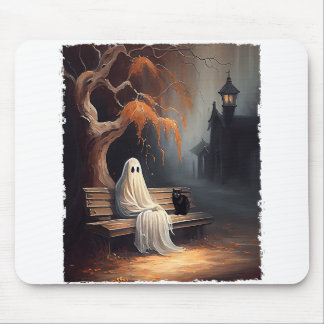 Black Cat och Ghost Sitta på Bench Halloween Dar Musmatta