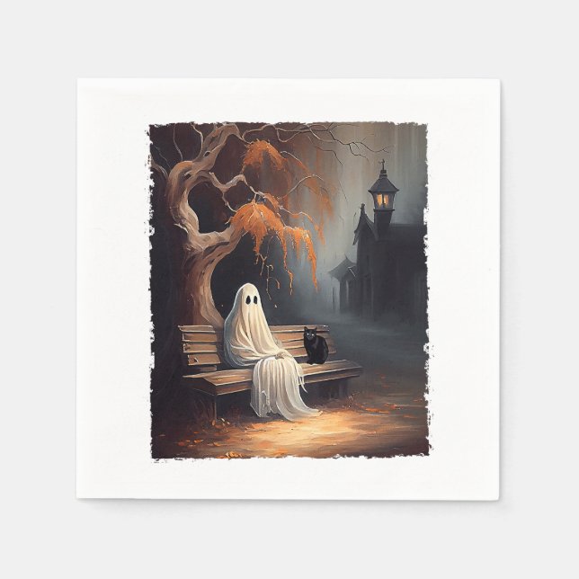 Black Cat och Ghost Sitta på Bench Halloween Dar Pappersservett (Framsidan)