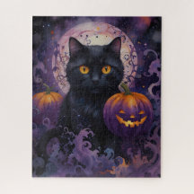 Black Cat och Halloween Pumpkins på månljus