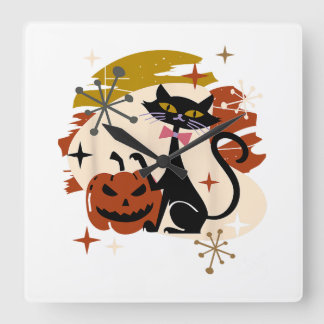 Black Cat och Pumpkin Atomic Retro Halloween Fyrkantig Klocka