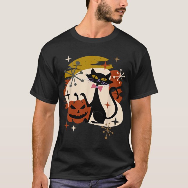 Black Cat och Pumpkin Atomic Retro Halloween T Shirt (Framsida)