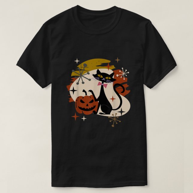 Black Cat och Pumpkin Atomic Retro Halloween T Shirt (Design framsida)