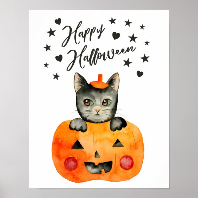 Black Cat och Pumpkin | HAPPY HALLOWEEN Poster (Framsidan)