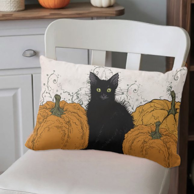 Black Cat och Pumpkins Fall Lumbarkudde (Black cat and pumpkins throw pillow)