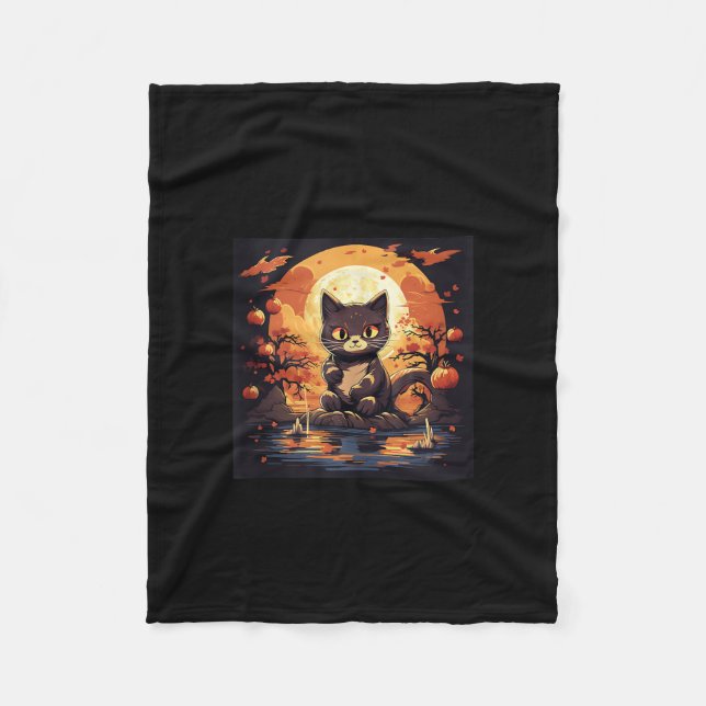 Black Cat och Pumpkins in Sakura Underbar Wave Fleecefilt (Framsidan)