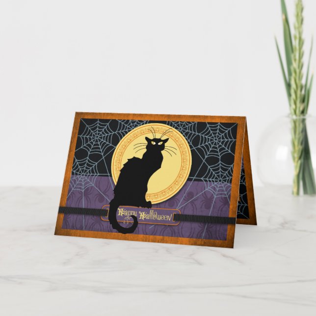 Black Cat och Spindelnät på Halloween Natt Kort (Framsida)