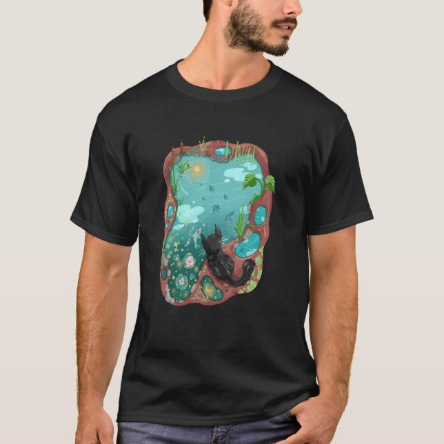 Black Cat och Surrealism Koi Pond Night Himlar Vat T Shirt (Framsida)
