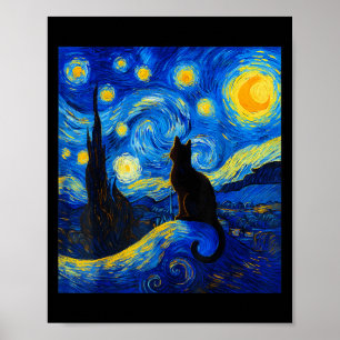 Black Cat on a Starry Night - Cat Lover Funny Van Poster