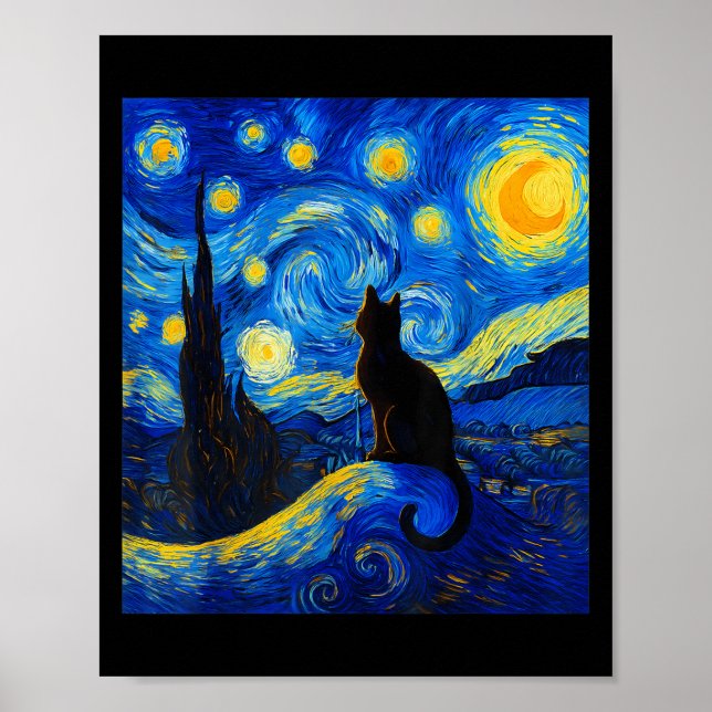 Black Cat on a Starry Night - Cat Lover Funny Van Poster (Framsidan)